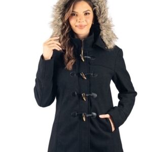 Alpine Swiss Women's Black Wool Blend Coat with Faux Fur Hood